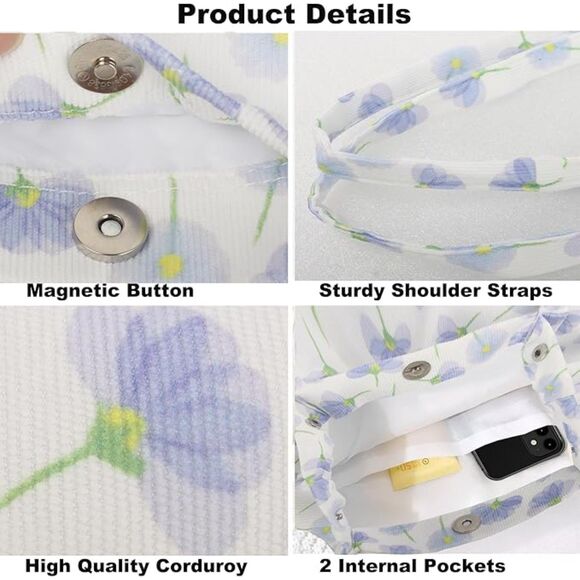 Women Floral Imported Corduroy Small Canvas Shoulder Handy Inner Pocket Tote Bag - Picture 4 of 4